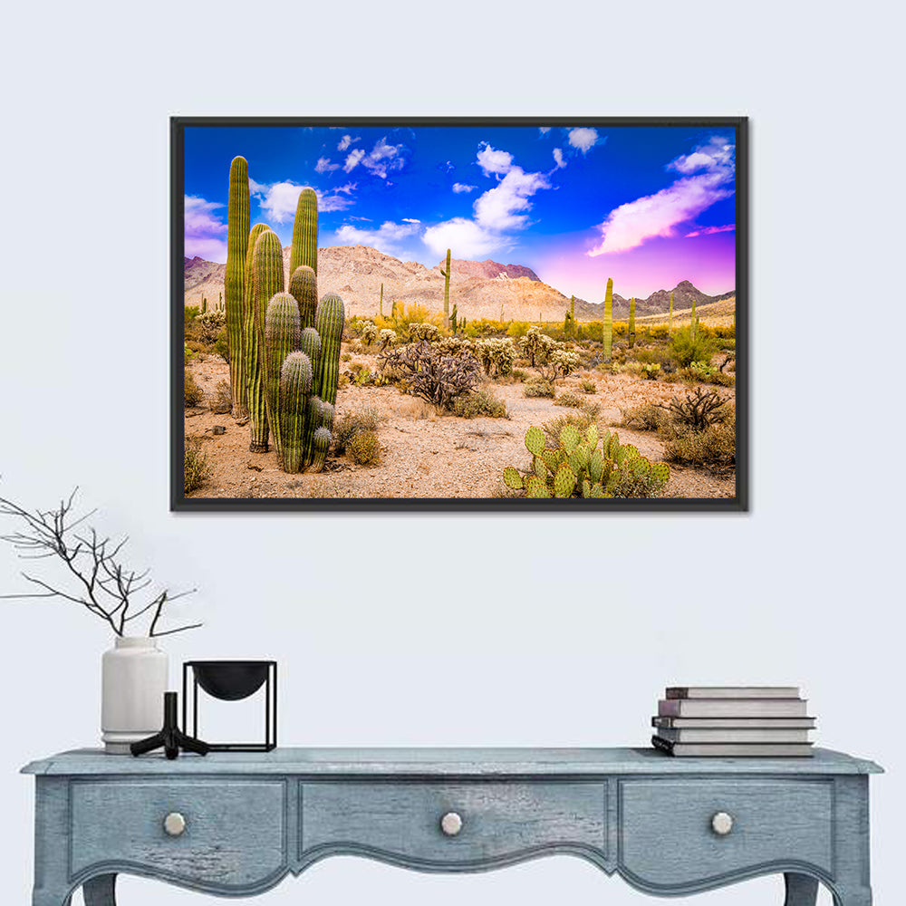 Arizona Saguaro Sunset Wall Art in a room, landscape