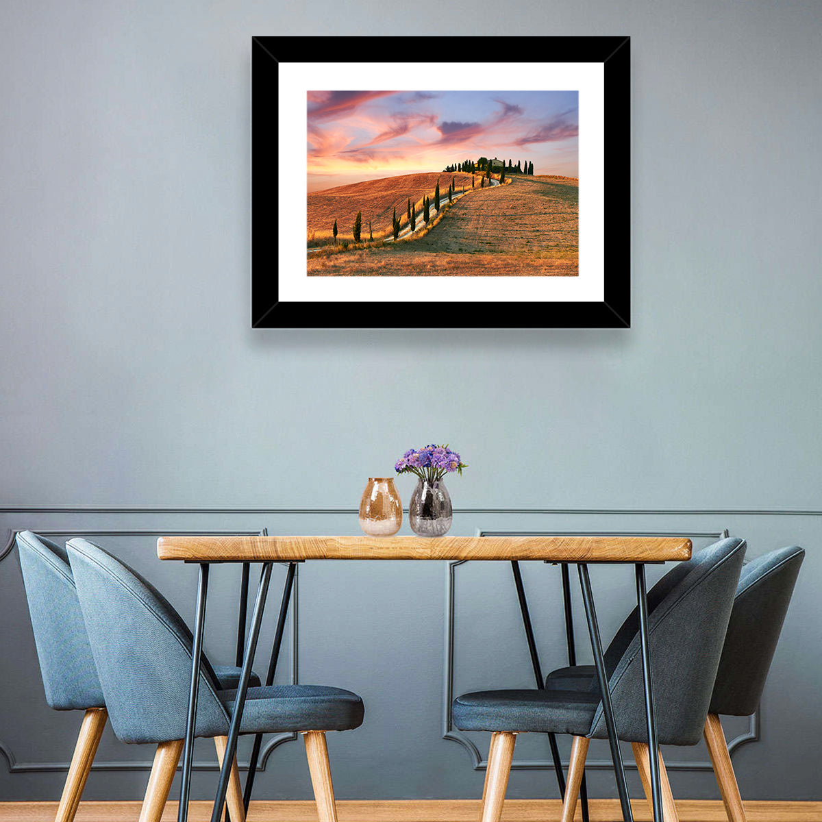 Tuscan Hilltop Road at Dusk Wall Art in a room, landscape