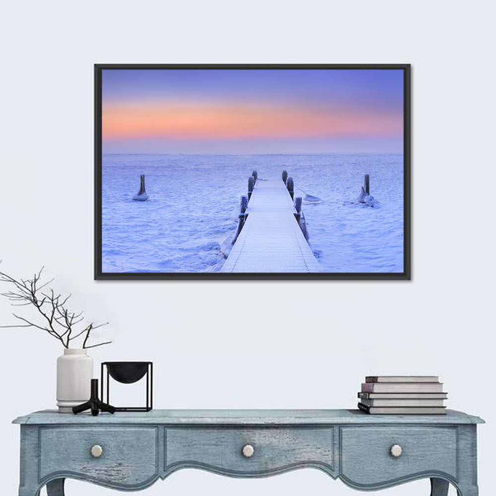 Frosted Jetty at Sunrise Wall Art in a room, landscape