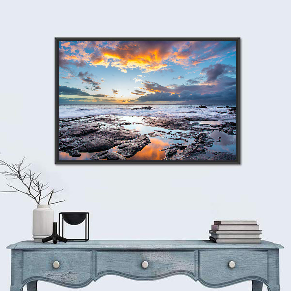 Sunset Over Volcanic Shore Wall Art in a room, landscape