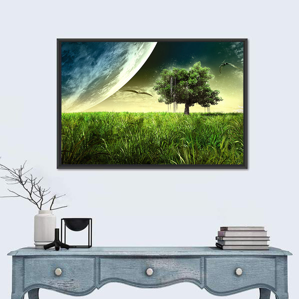 Alien Meadow Under a Giant Planet Wall Art in a room, landscape
