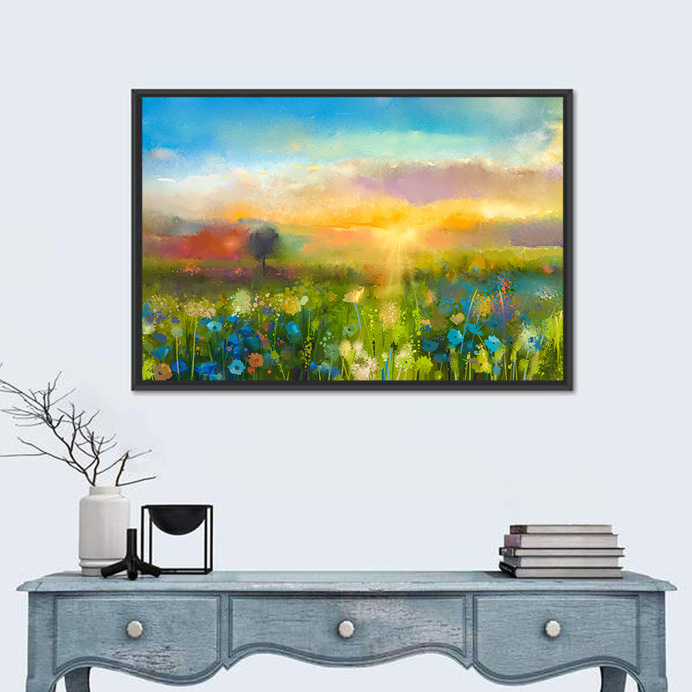 Sunset Wildflower Meadow Wall Art in a room, landscape