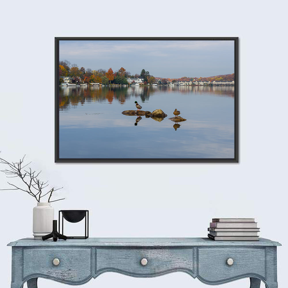 Lake Hopatcong Autumn Reflection Wall Art in a room, landscape