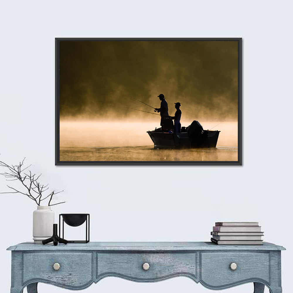 Misty Lake Fishing Wall Art in a room, landscape