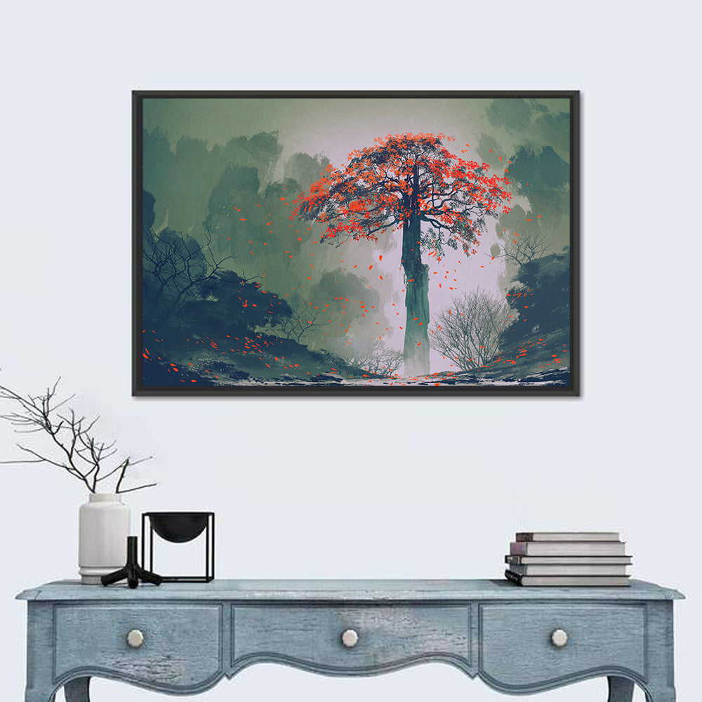 Red Autumn Tree Wall Art in a room, landscape