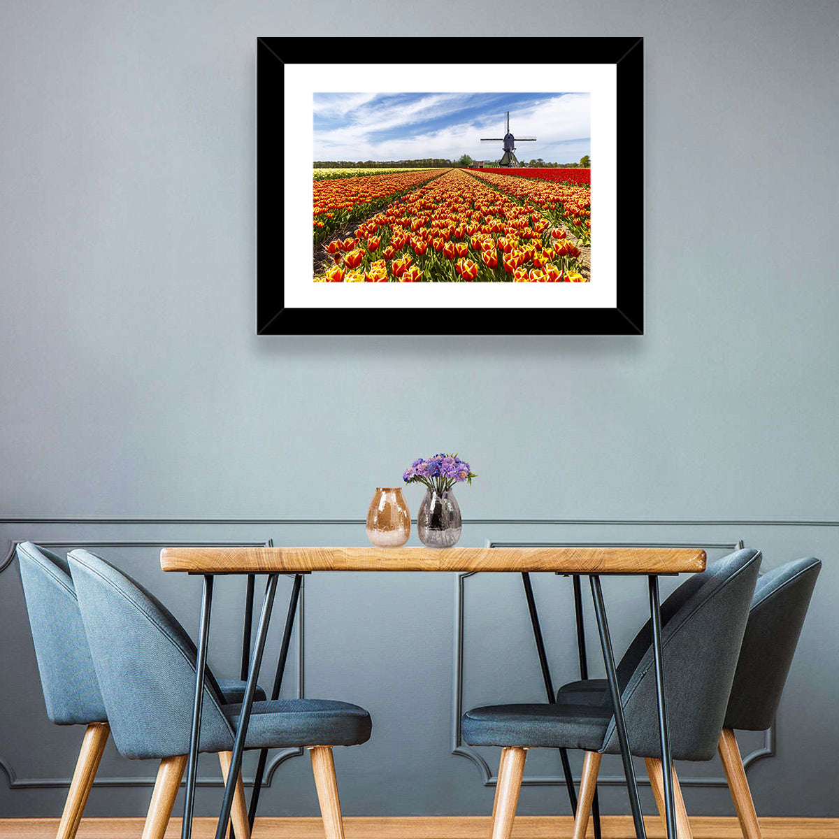Windmill Over Tulip Fields Wall Art in a room, landscape