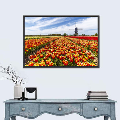 Windmill in Tulip Farm Field Wall Art