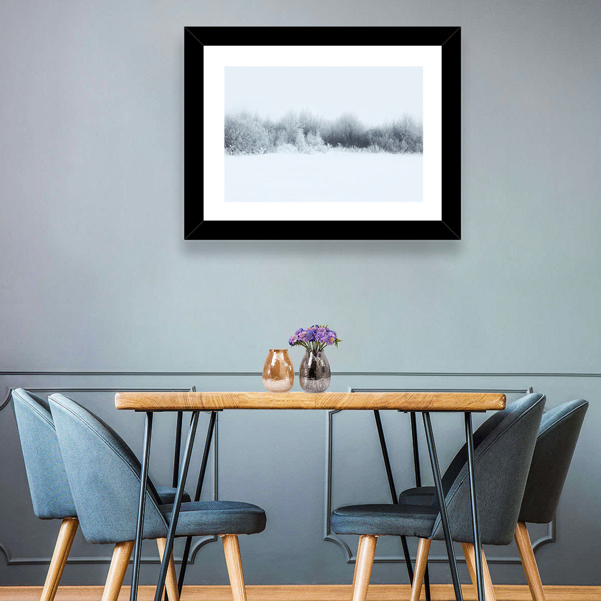 Frosted Winter Forest Wall Art in a room, landscape
