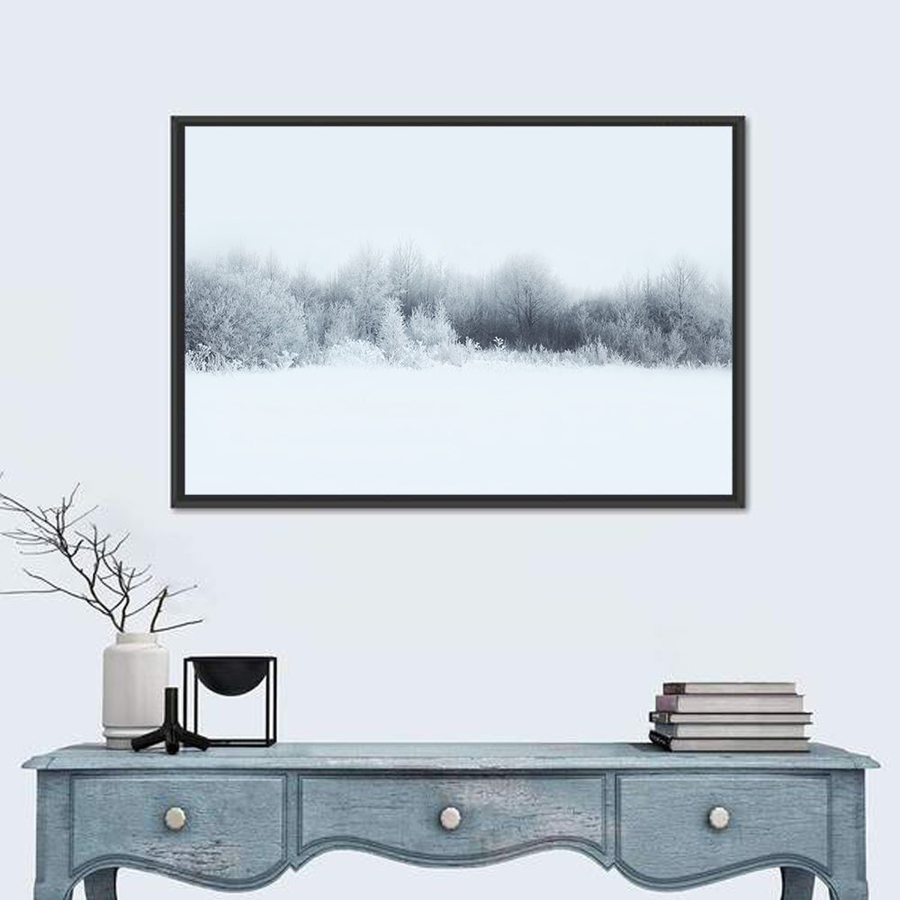 Frosted Winter Forest Wall Art in a room, landscape