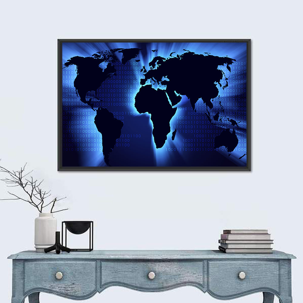 Glowing Digital World Map Wall Art in a room, landscape
