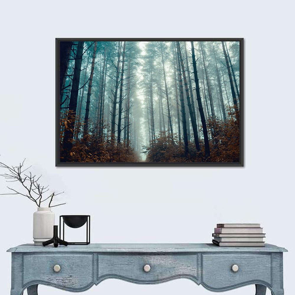 Misty Pine Forest Wall Art in a room, landscape