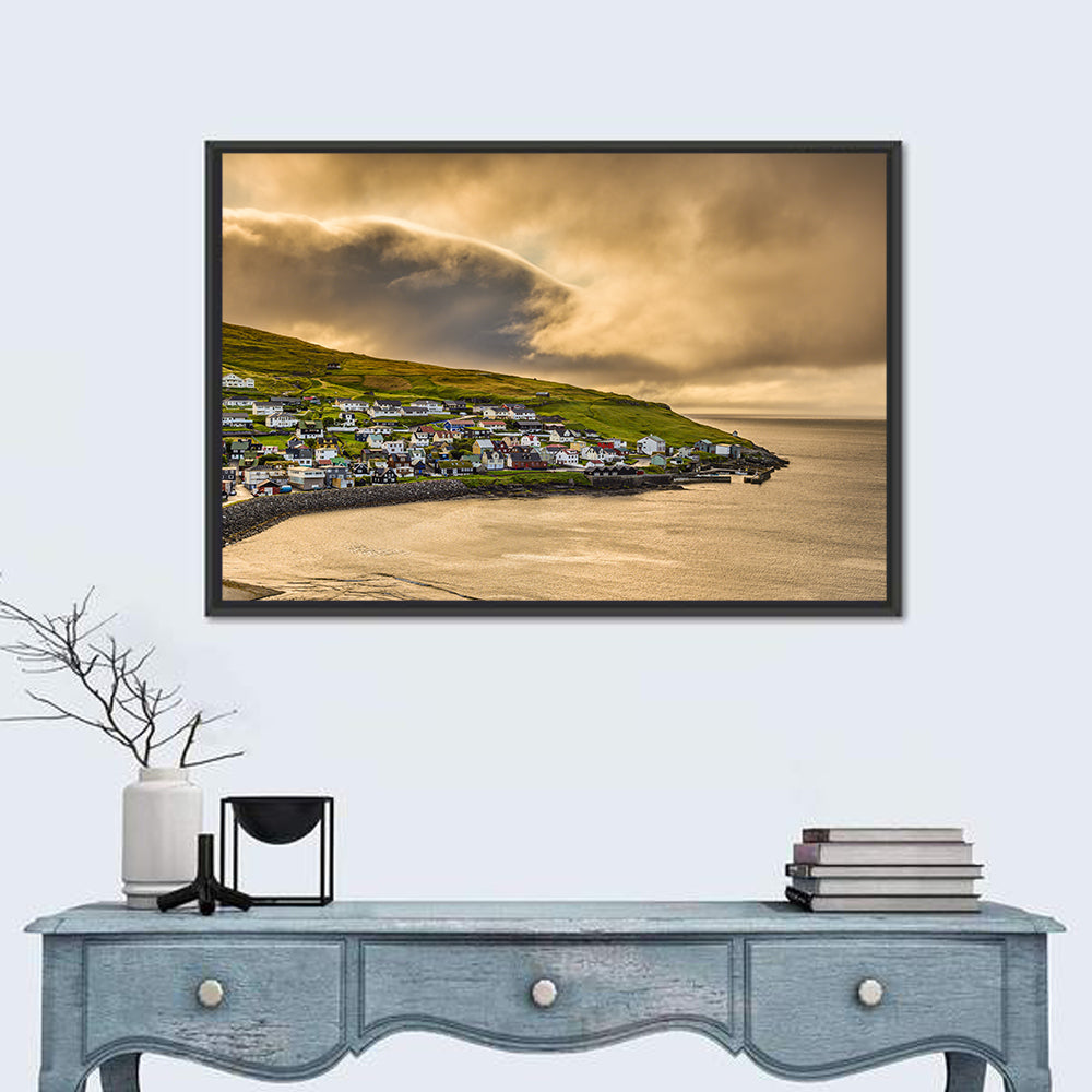 Coastal Village at Golden Hour Wall Art in a room, landscape