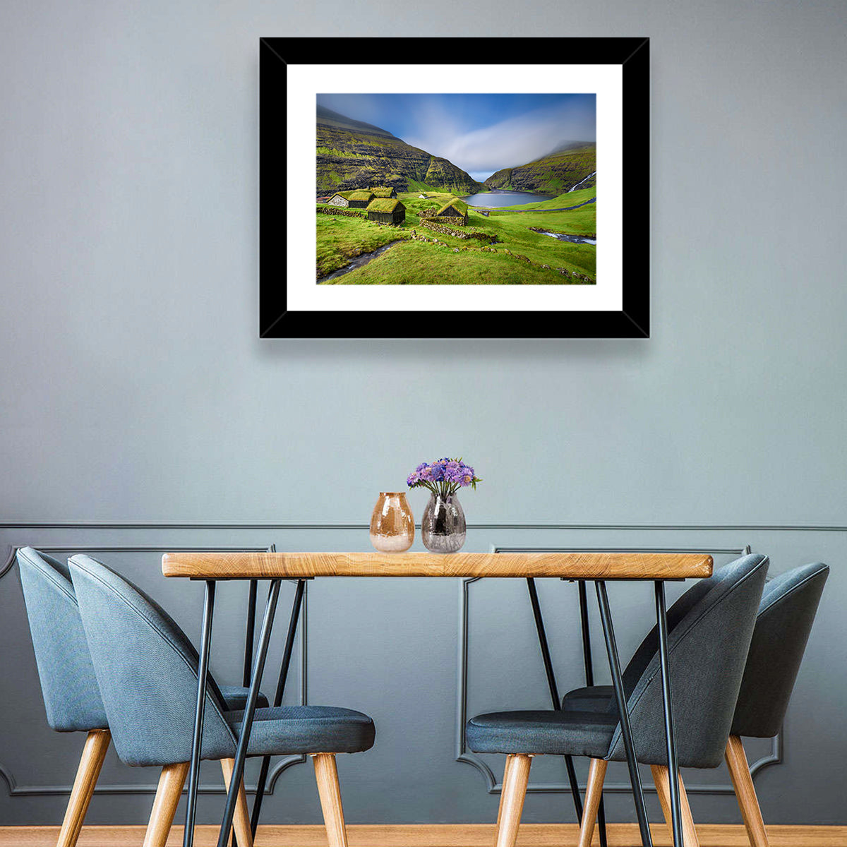 Saksun Turf Roof Cabins Wall Art in a room, landscape