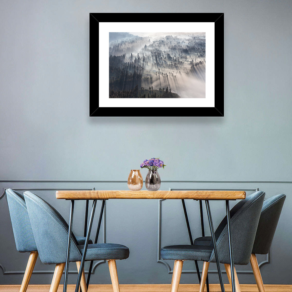 Misty Forest Sunrise Wall Art in a room, landscape