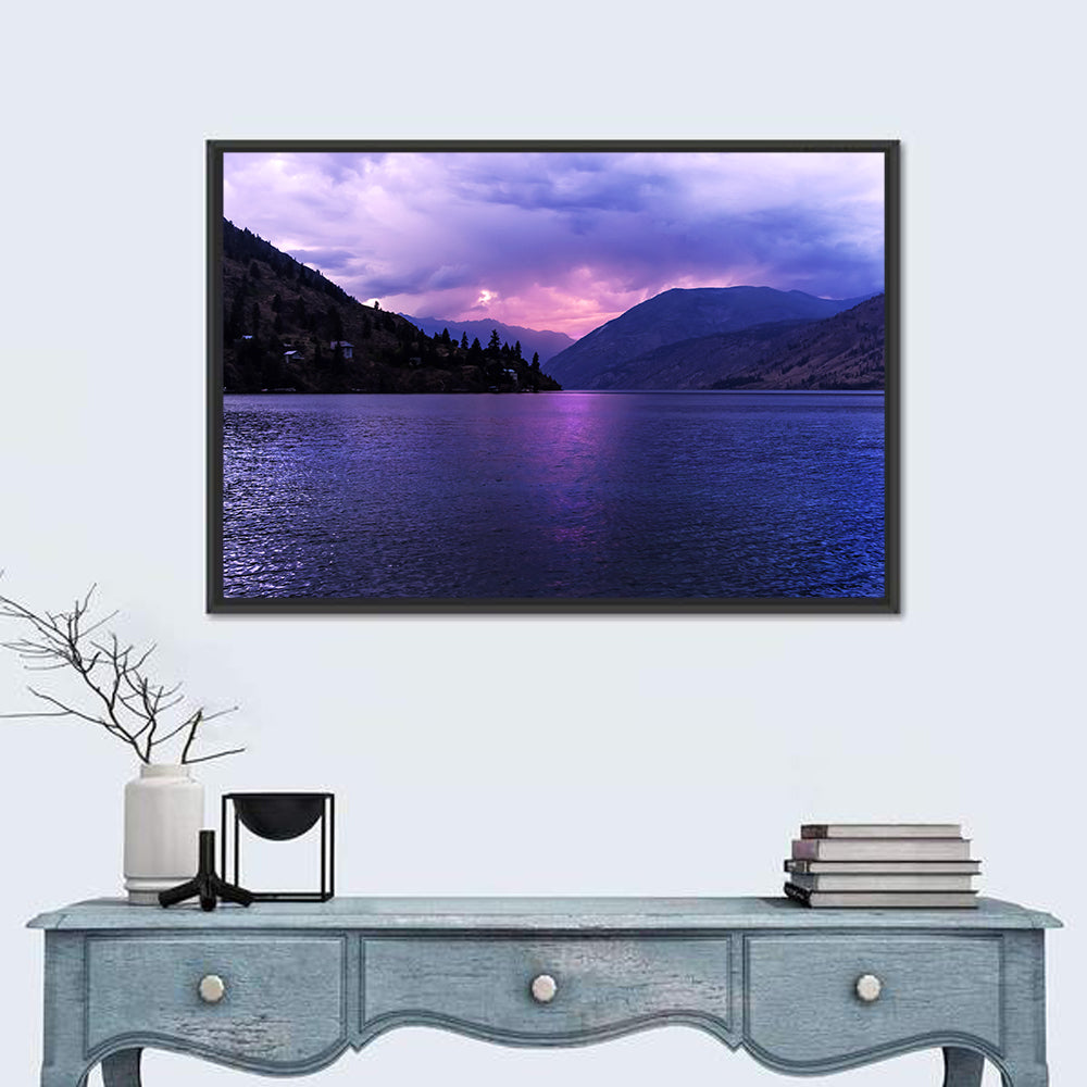 Lake Chelan Violet Sunset Wall Art in a room, landscape