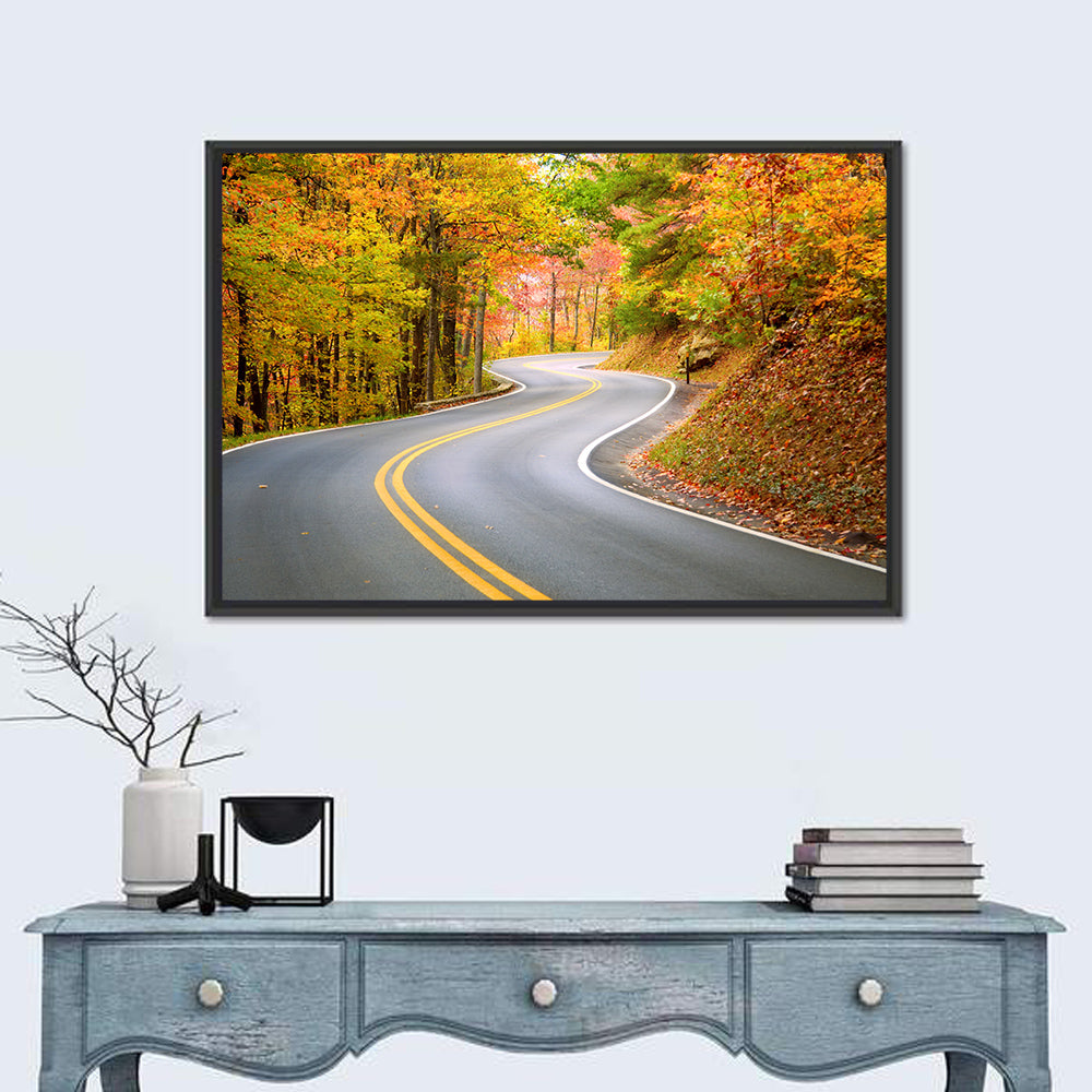 Winding Autumn Road Wall Art in a room, landscape