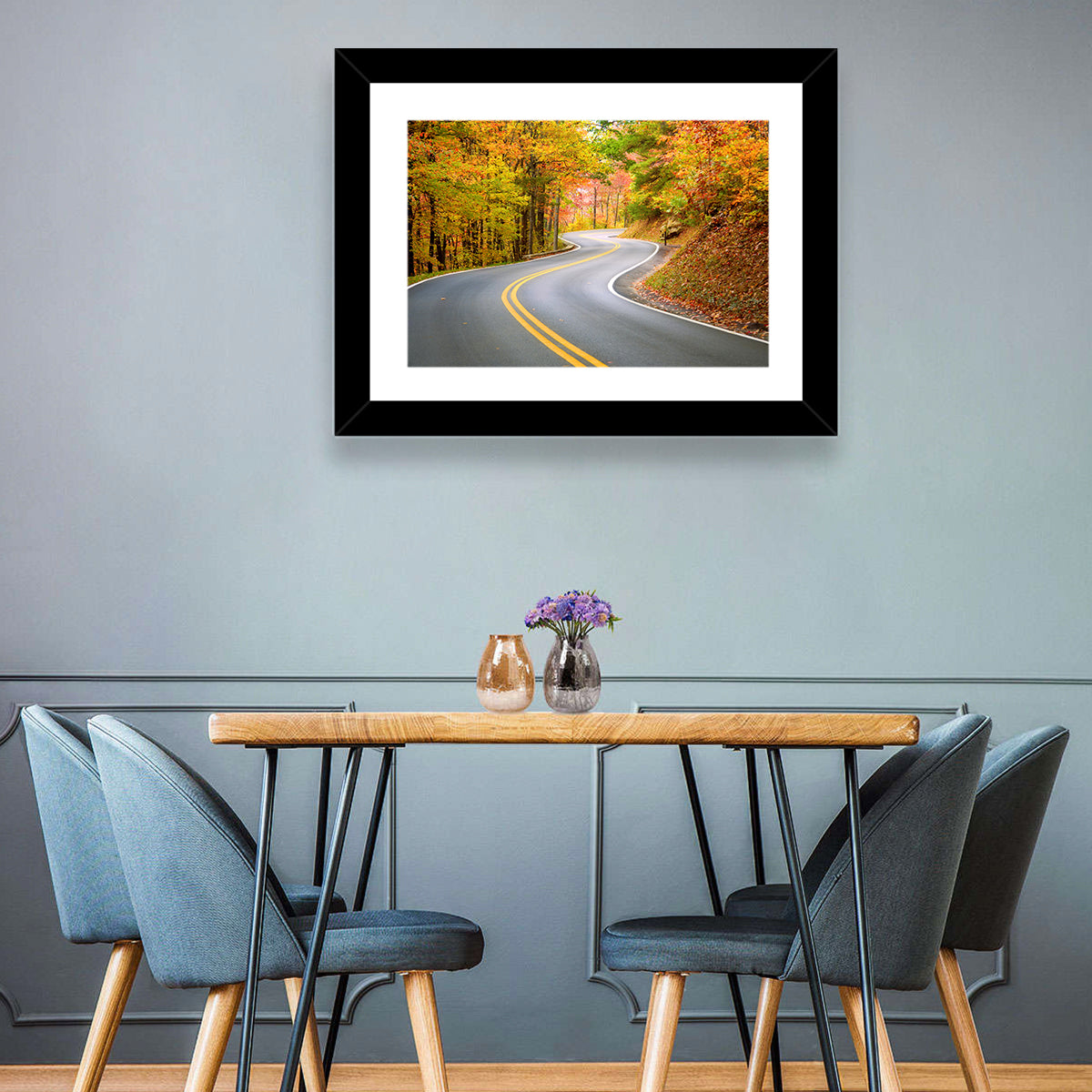 Winding Autumn Road Wall Art in a room, landscape