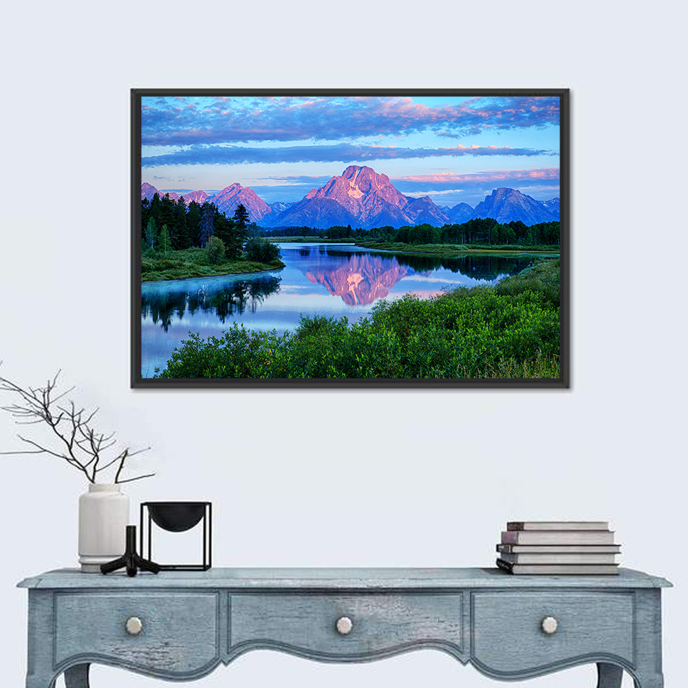 Oxbow Bend Dawn Reflection Wall Art in a room, landscape