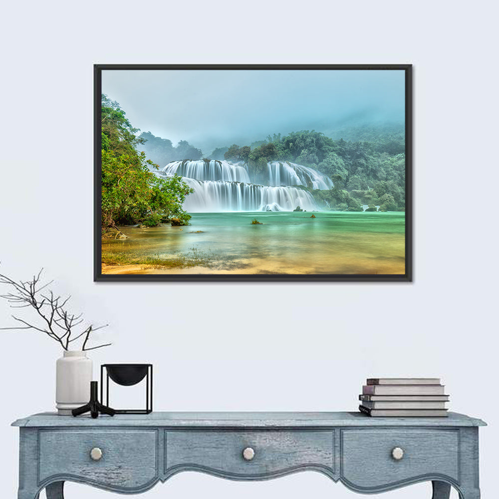 Ban Gioc Waterfalls Misty Morning Wall Art in a room, landscape