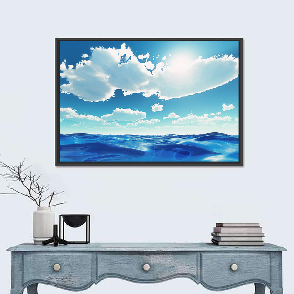 Sunlit Ocean and Clouds Wall Art in a room, landscape
