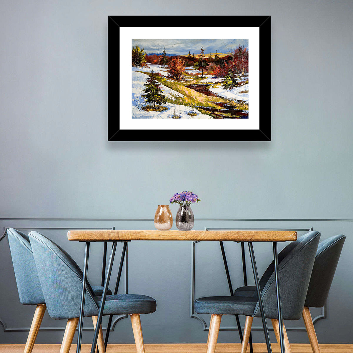 Snowy Stream Through Evergreens Wall Art in a room, landscape