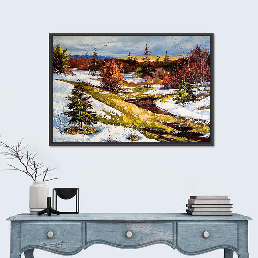 Snowy Stream Through Evergreens Wall Art