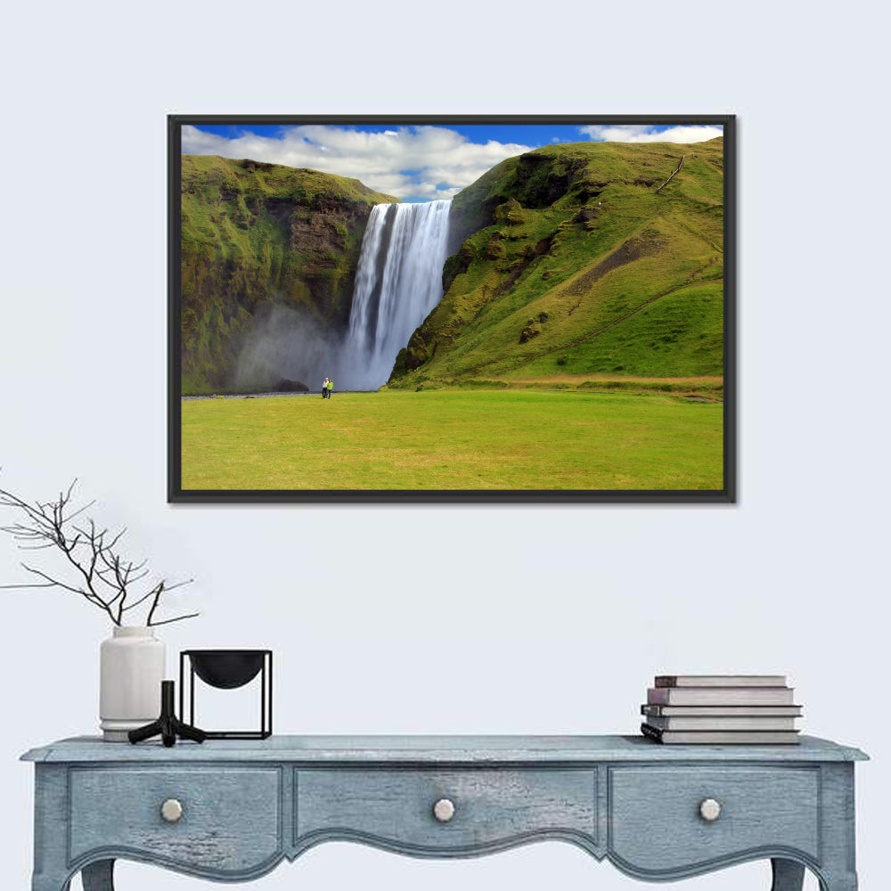Skógafoss Waterfall Wall Art in a room, landscape