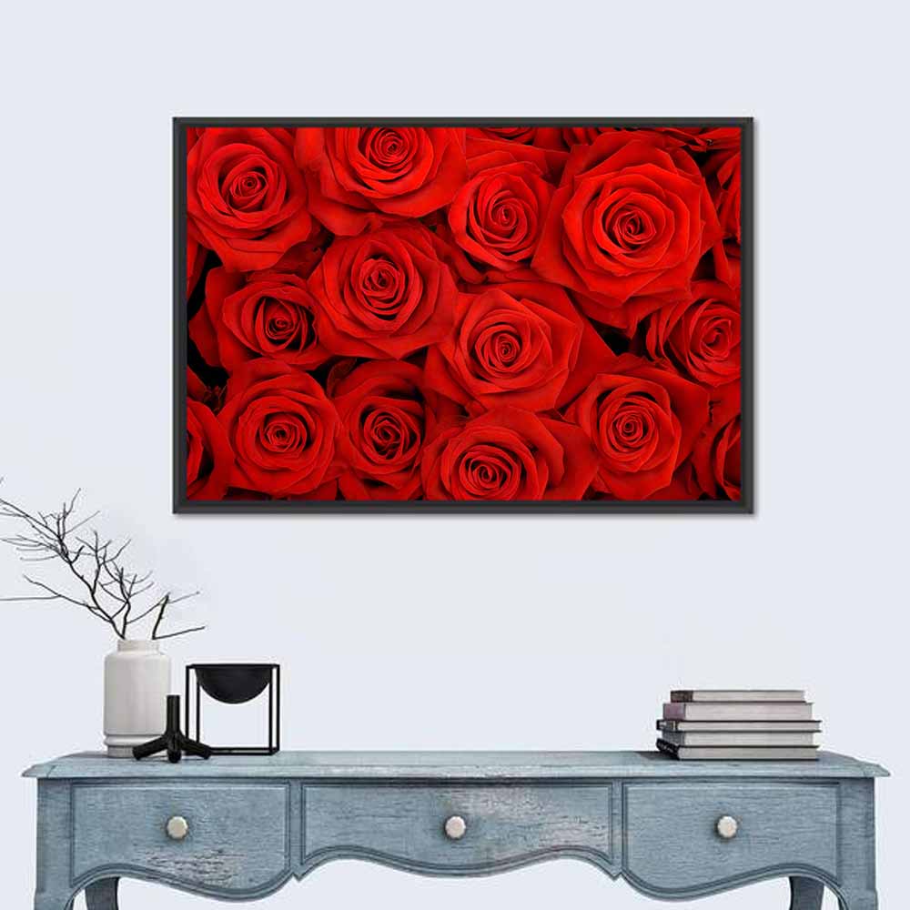 Red Roses Close Up Wall Art in a room, landscape