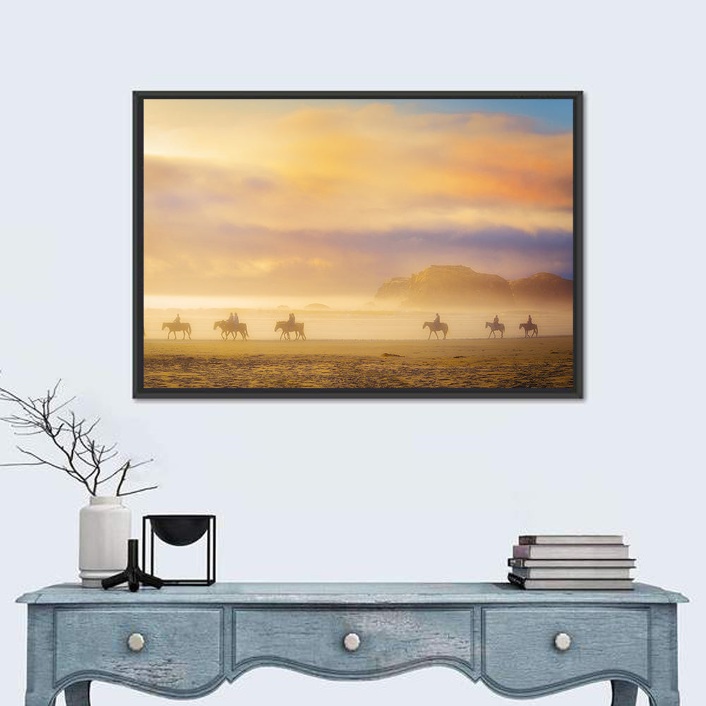 Misty Beach Horseback Riders Wall Art in a room, landscape