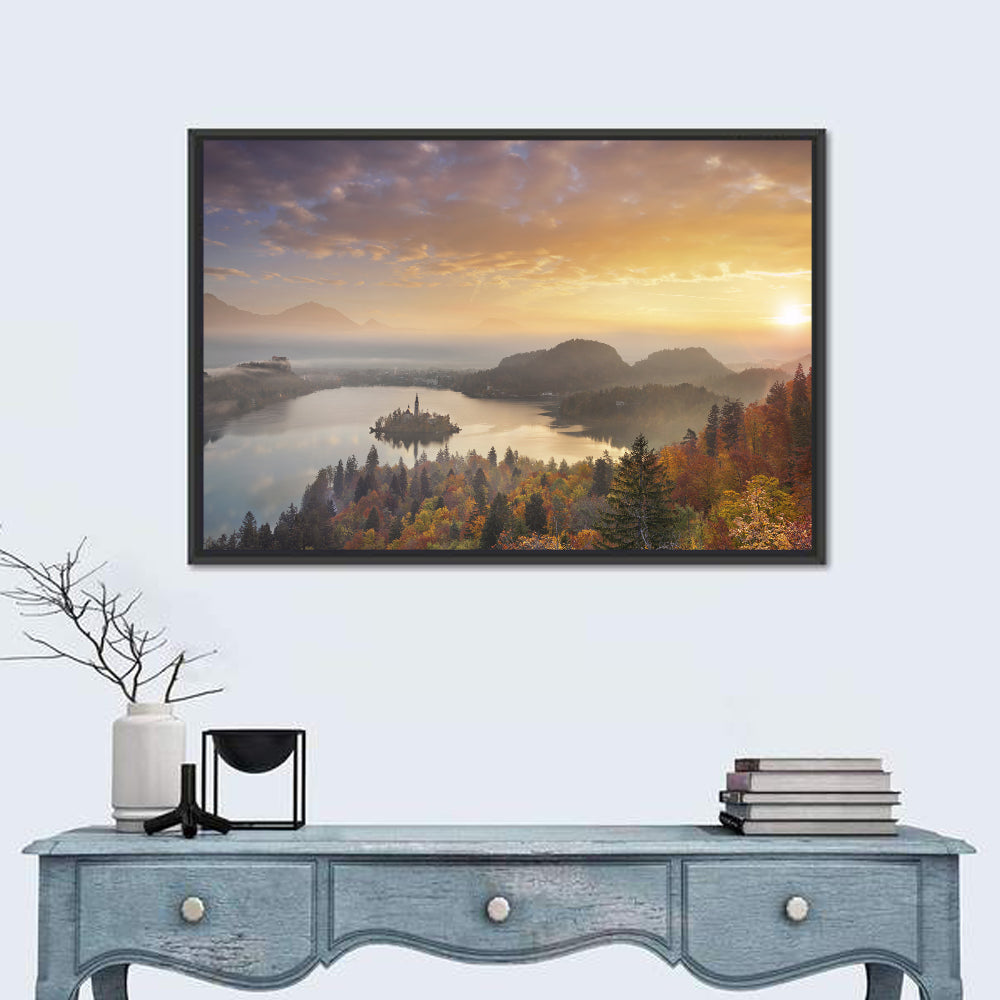 Autumn Morning at Lake Bled Wall Art in a room, landscape