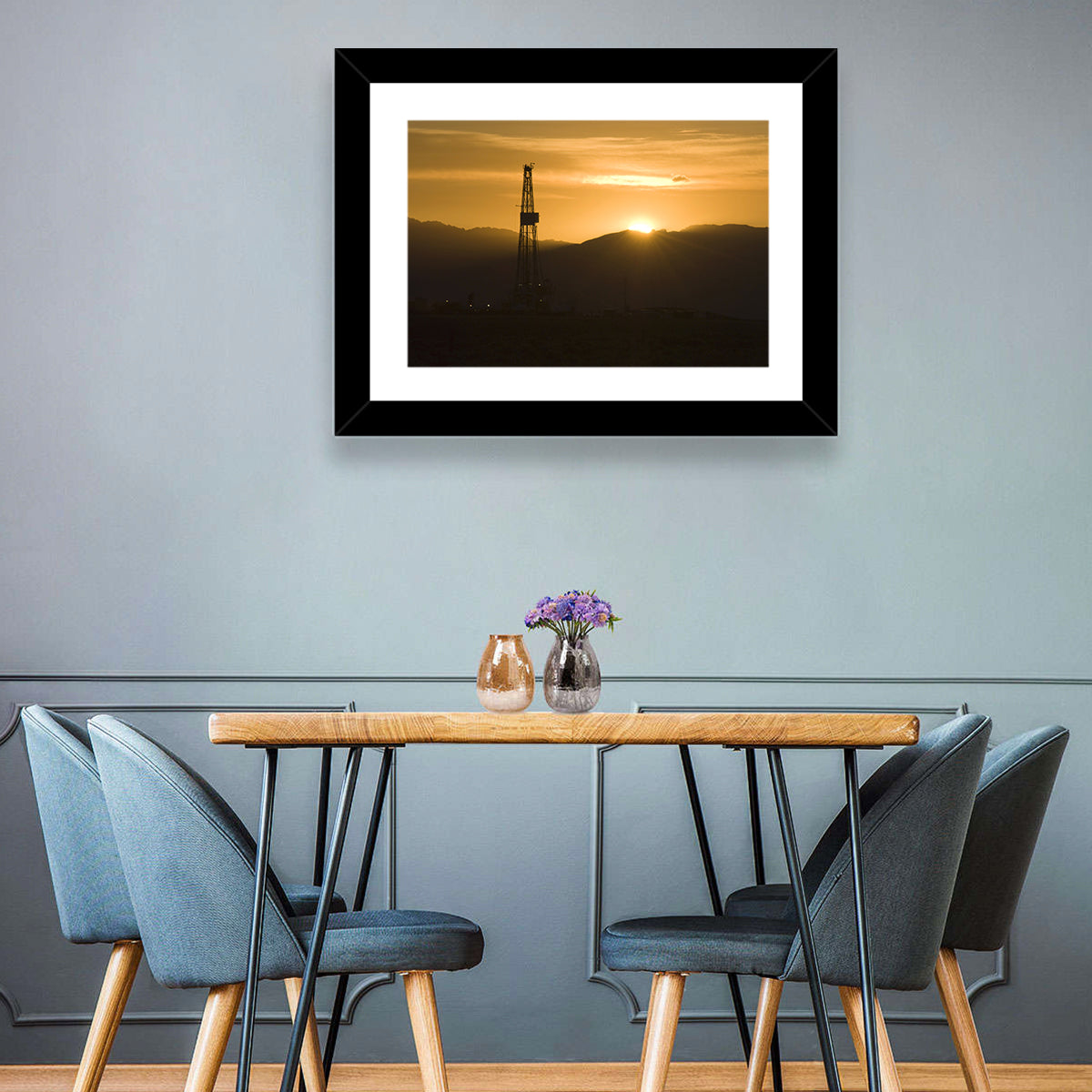 Sunrise Over Drilling Rig Wall Art in a room, landscape