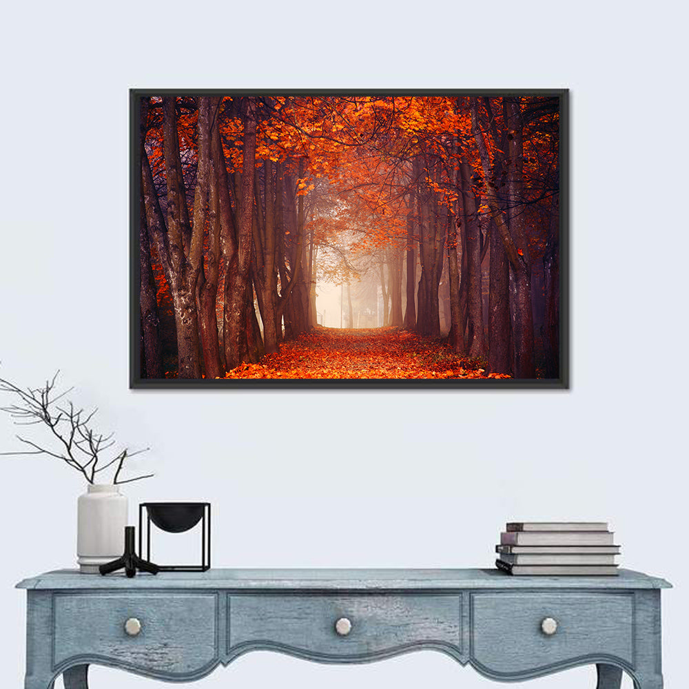 Misty Autumn Forest Path Wall Art in a room, landscape