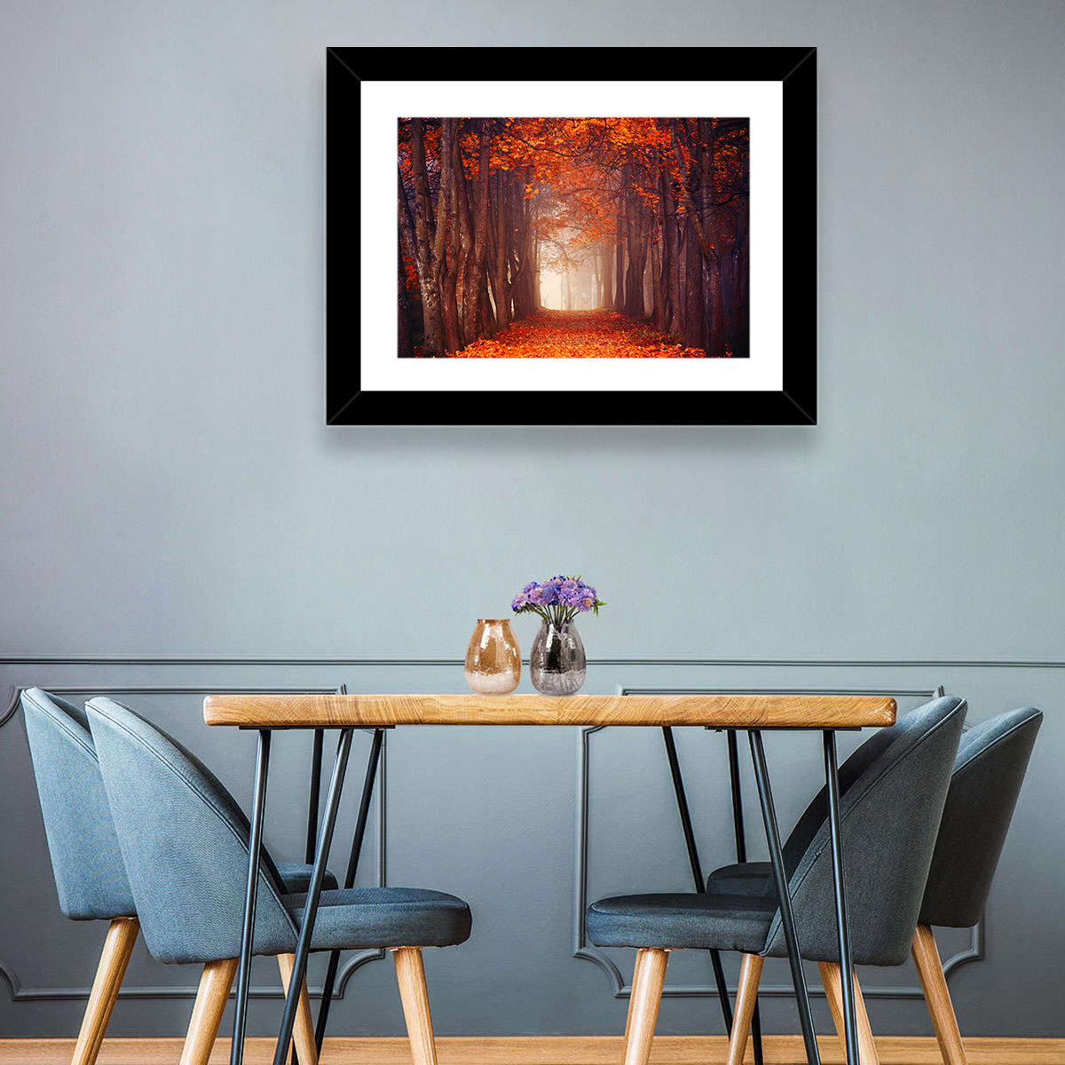 Misty Autumn Forest Path Wall Art in a room, landscape
