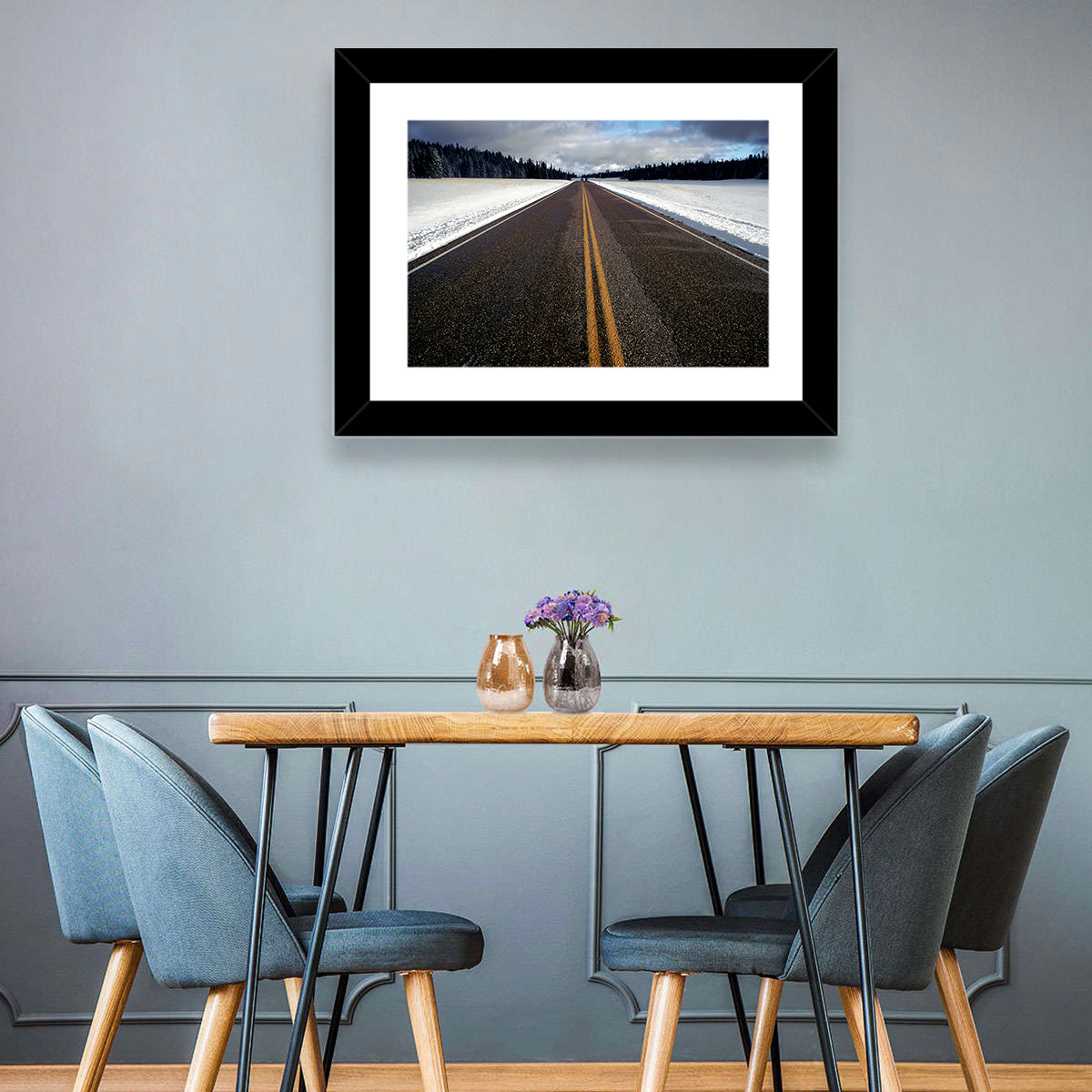 Winter Road Through Pine Forest Wall Art in a room, landscape