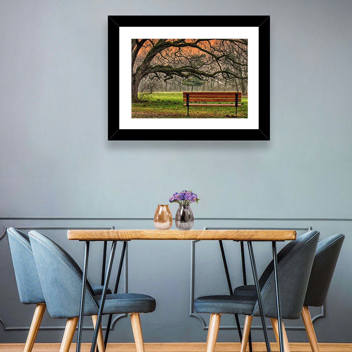 Misty Autumn Park Bench Wall Art in a room, landscape