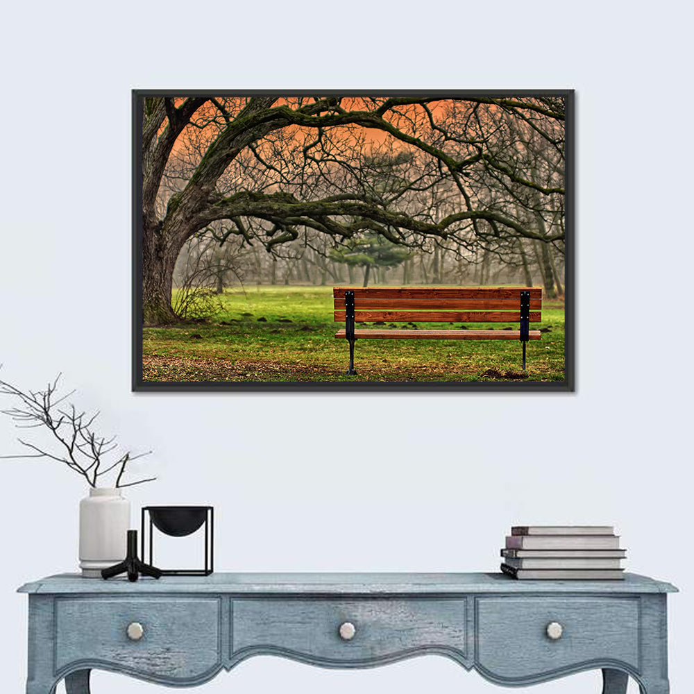 Misty Autumn Park Bench Wall Art in a room, landscape