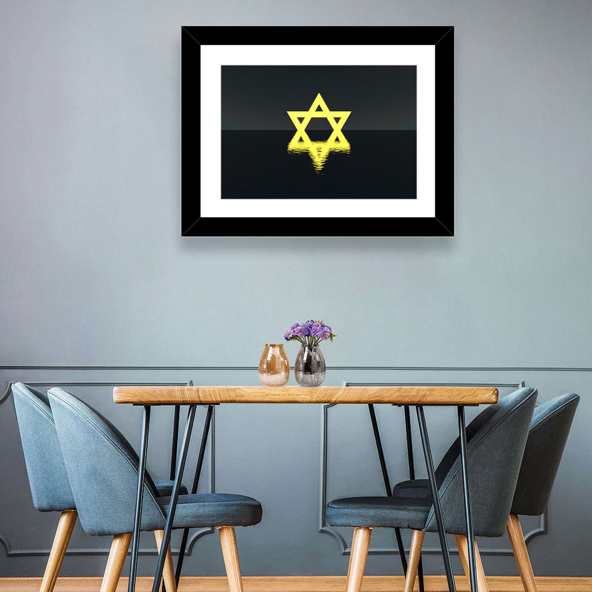 Glowing Star of David Reflection Wall Art in a room, landscape