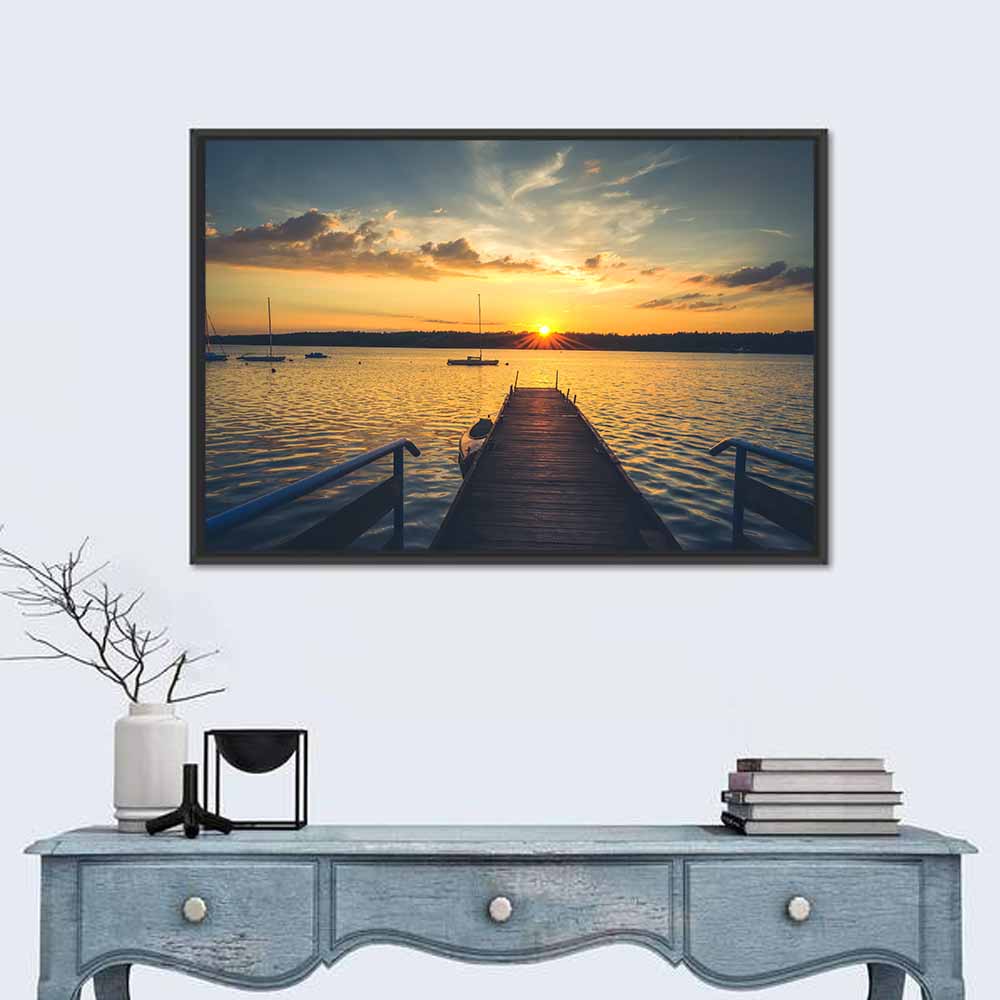 Sunset Pier with Sailboat Wall Art