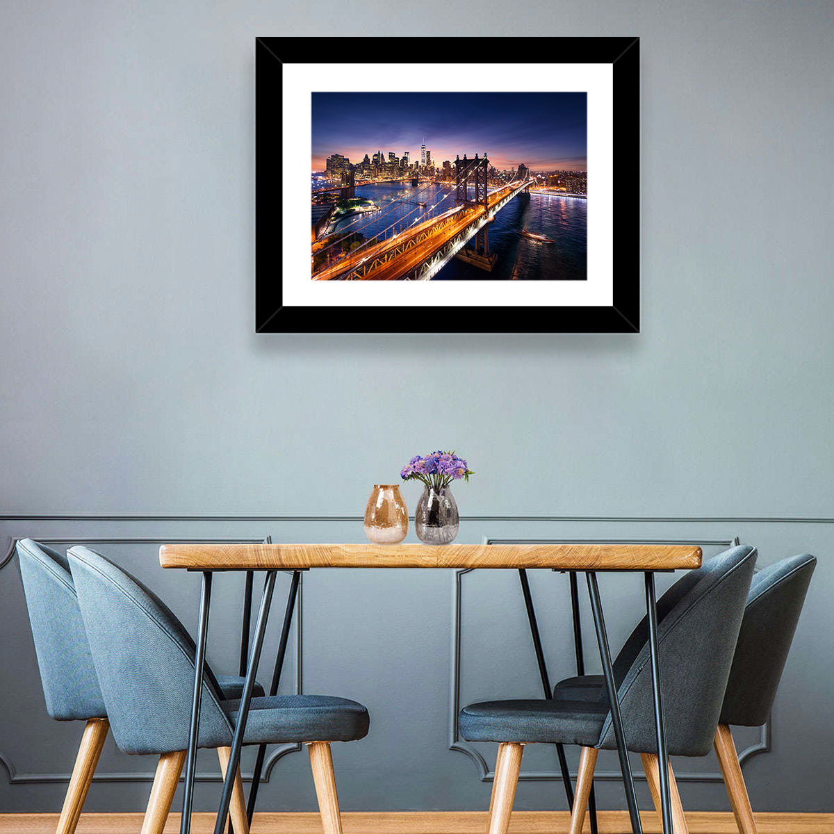 Sunset Over Manhattan Bridges Wall Art in a room, landscape