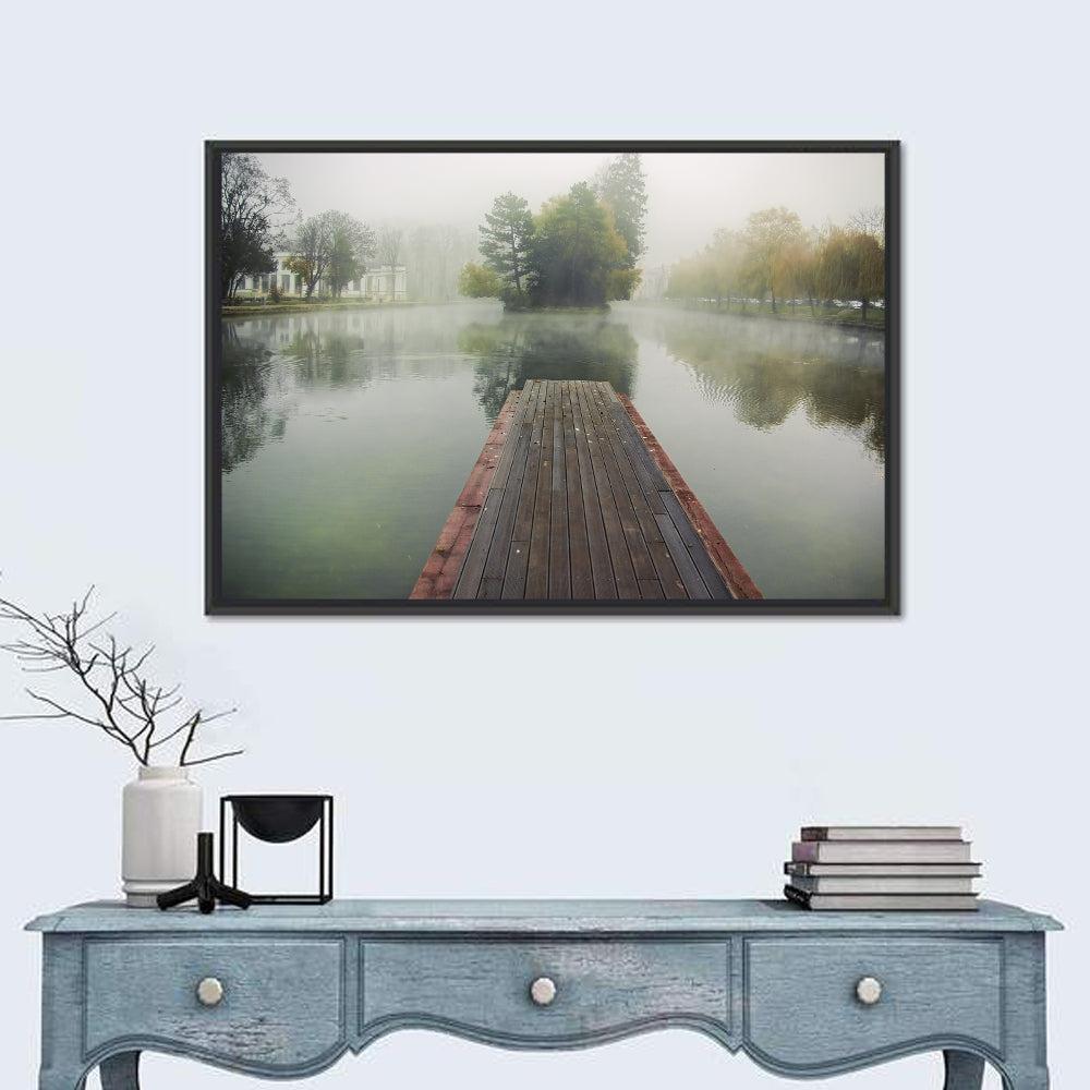 Wooden Pier on Foggy Lake Wall Art in a room, landscape