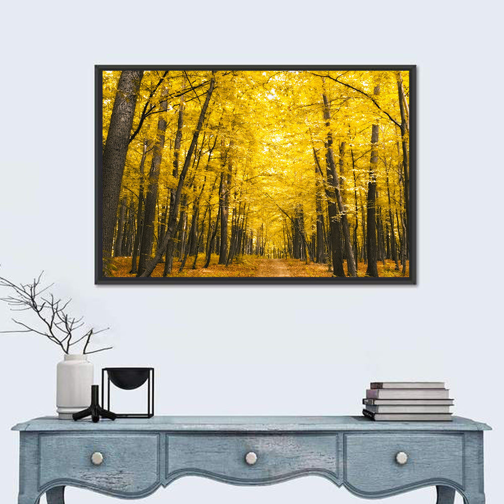 Yellow Autumn Forest Path Wall Art in a room, landscape