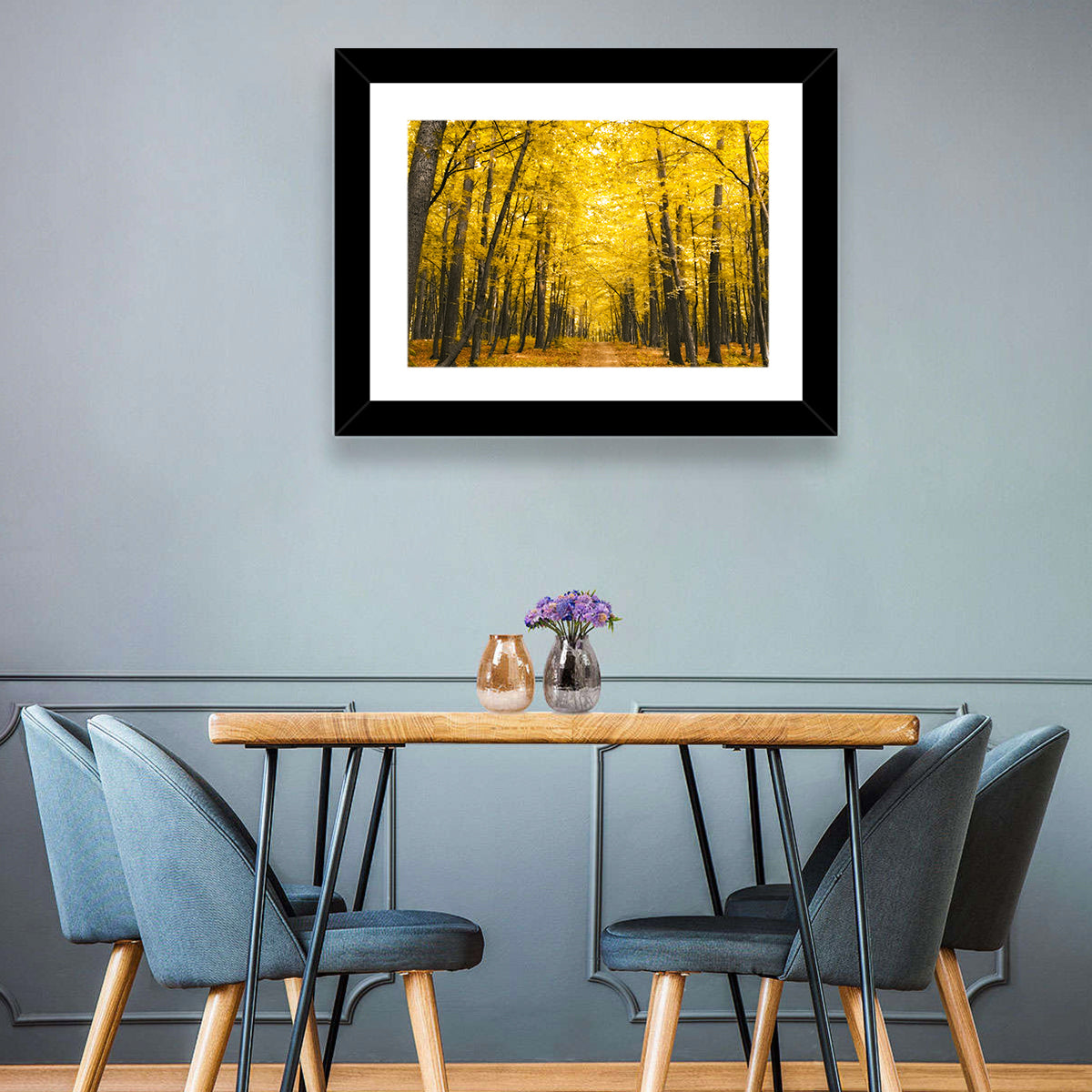 Yellow Autumn Forest Path Wall Art in a room, landscape
