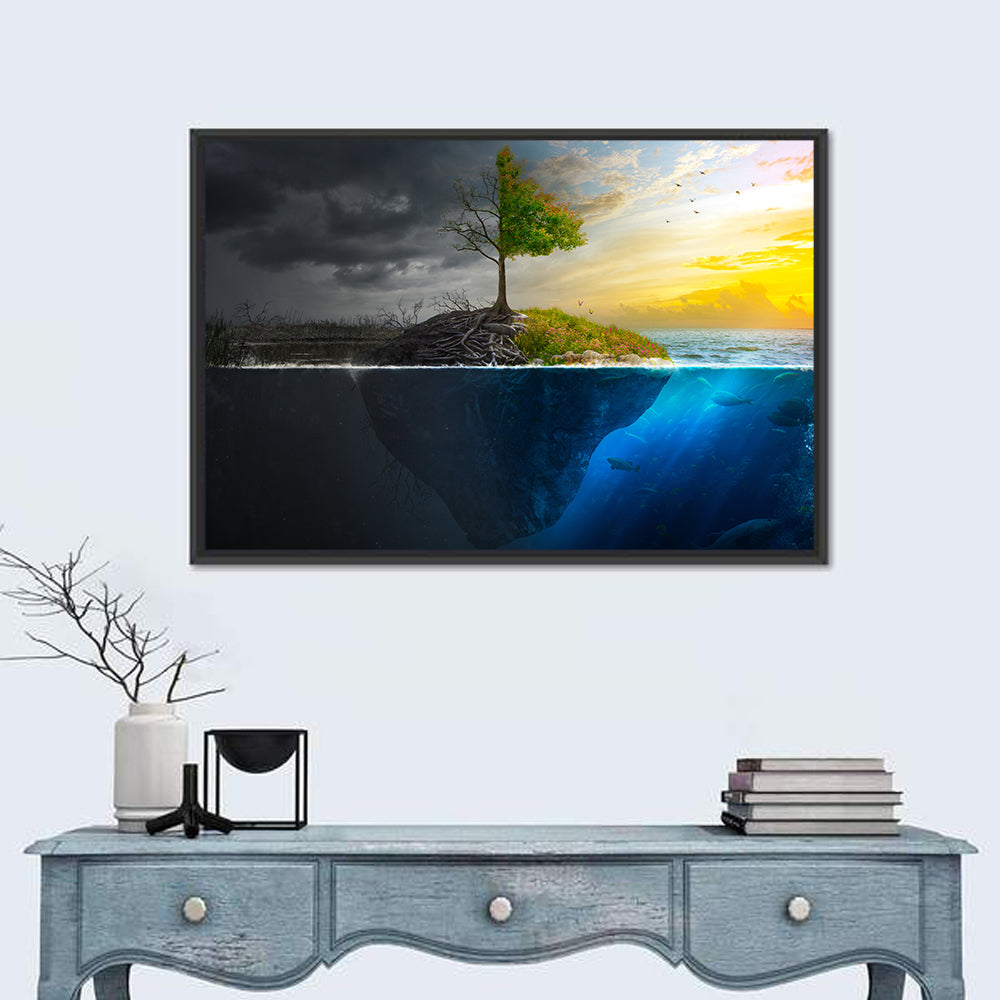 Split Island Tree of Duality Wall Art in a room, landscape