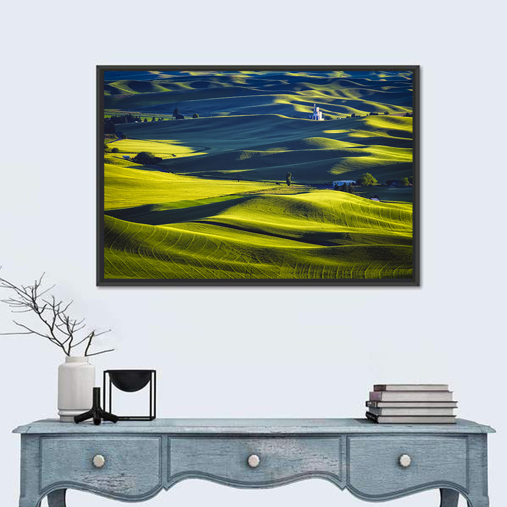 Palouse Hills with Grain Elevator Wall Art in a room, landscape