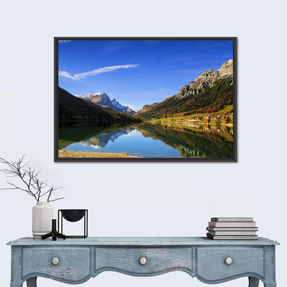 Lake Sils Morning Reflection Wall Art in a room, landscape
