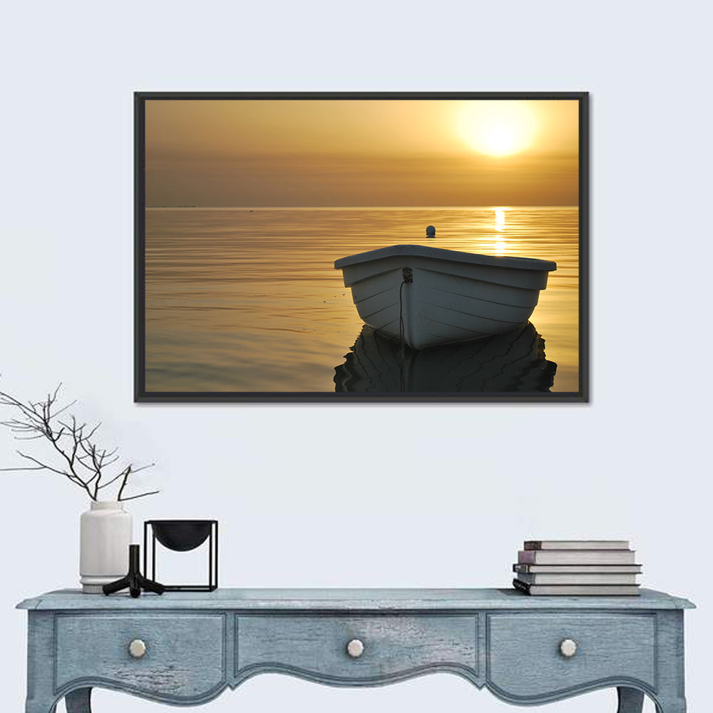 White Rowboat on Golden Sea Wall Art