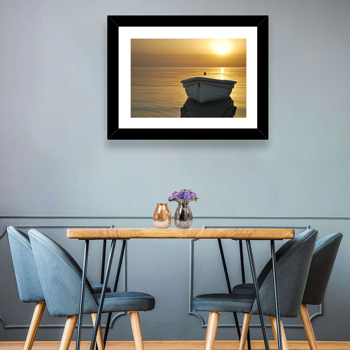 White Rowboat on Golden Sea Wall Art