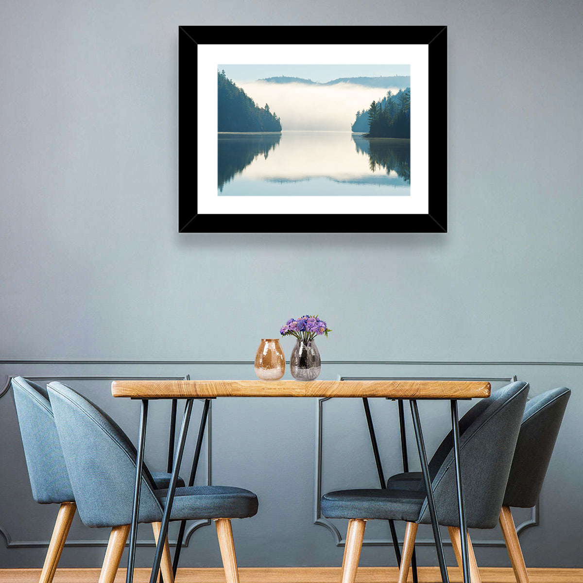 Foggy Lake Morning Wall Art in a room, landscape