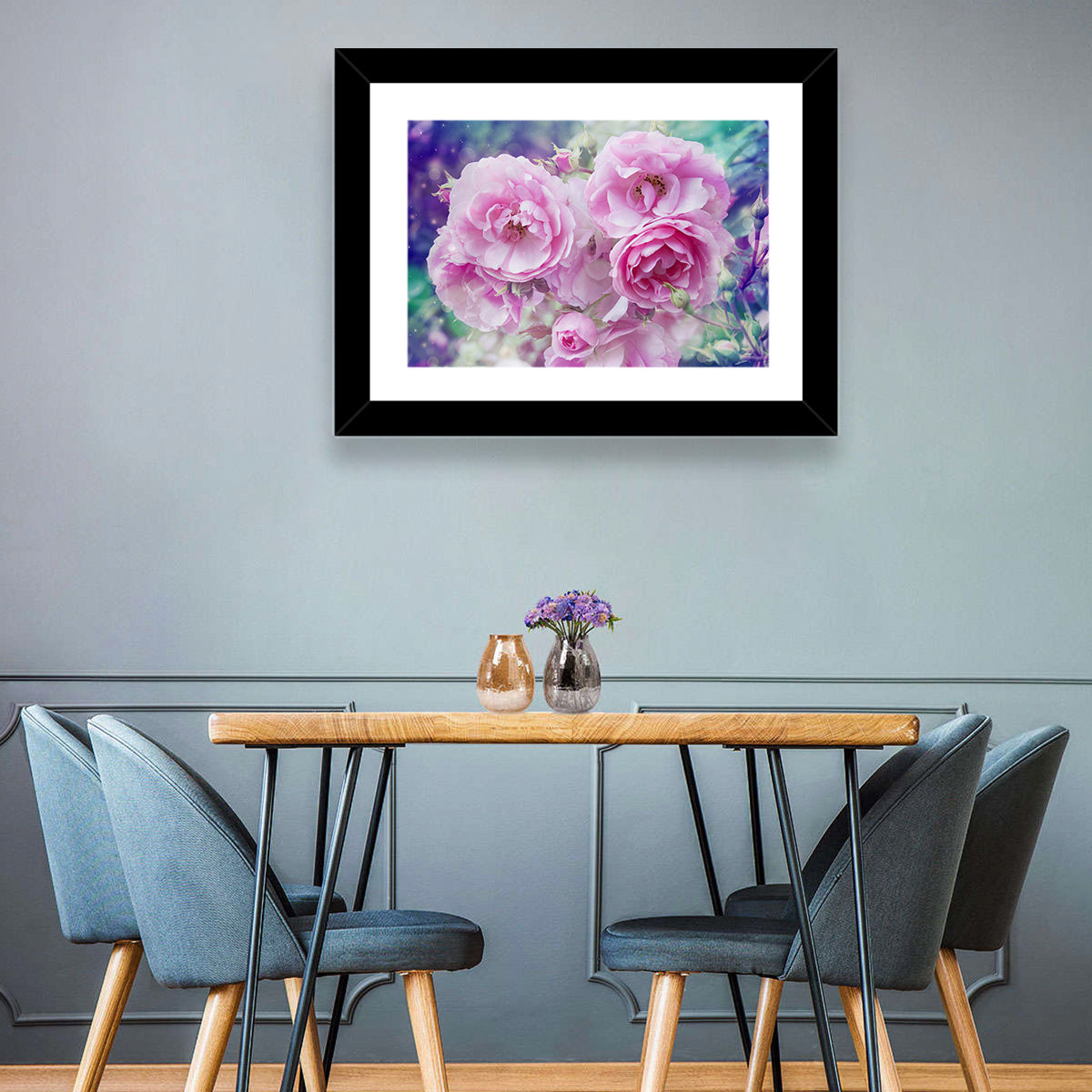 Springtime Pink Rose Cluster Wall Art in a room, landscape
