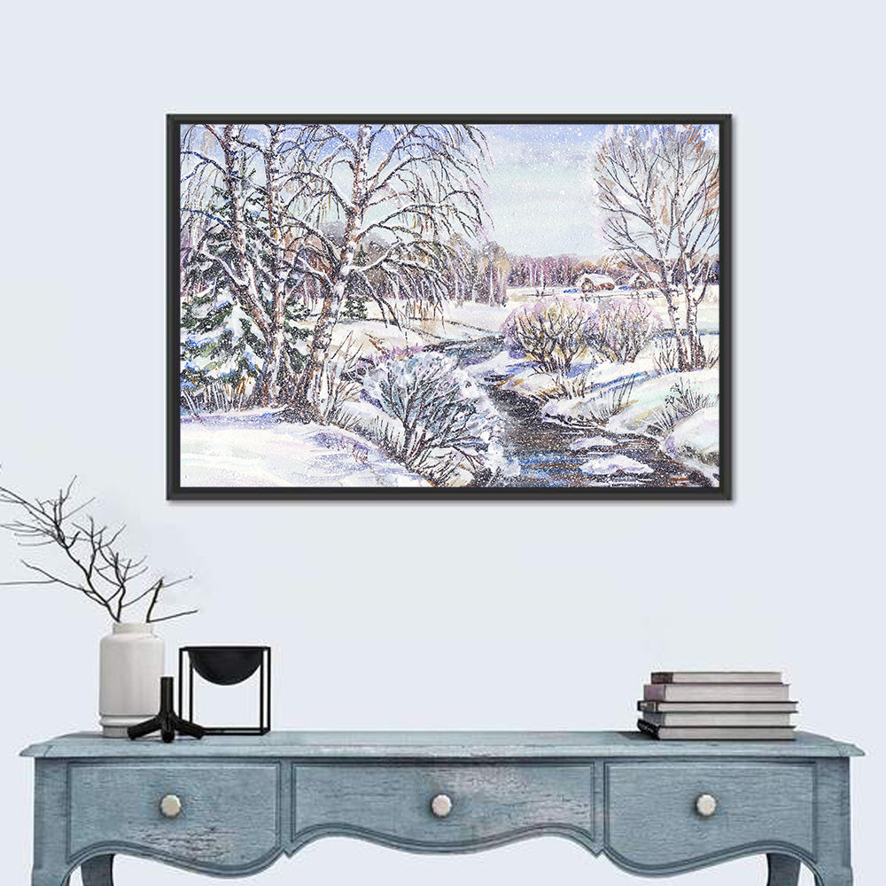 Rural Russian Winter Landscape Wall Art in a room, landscape